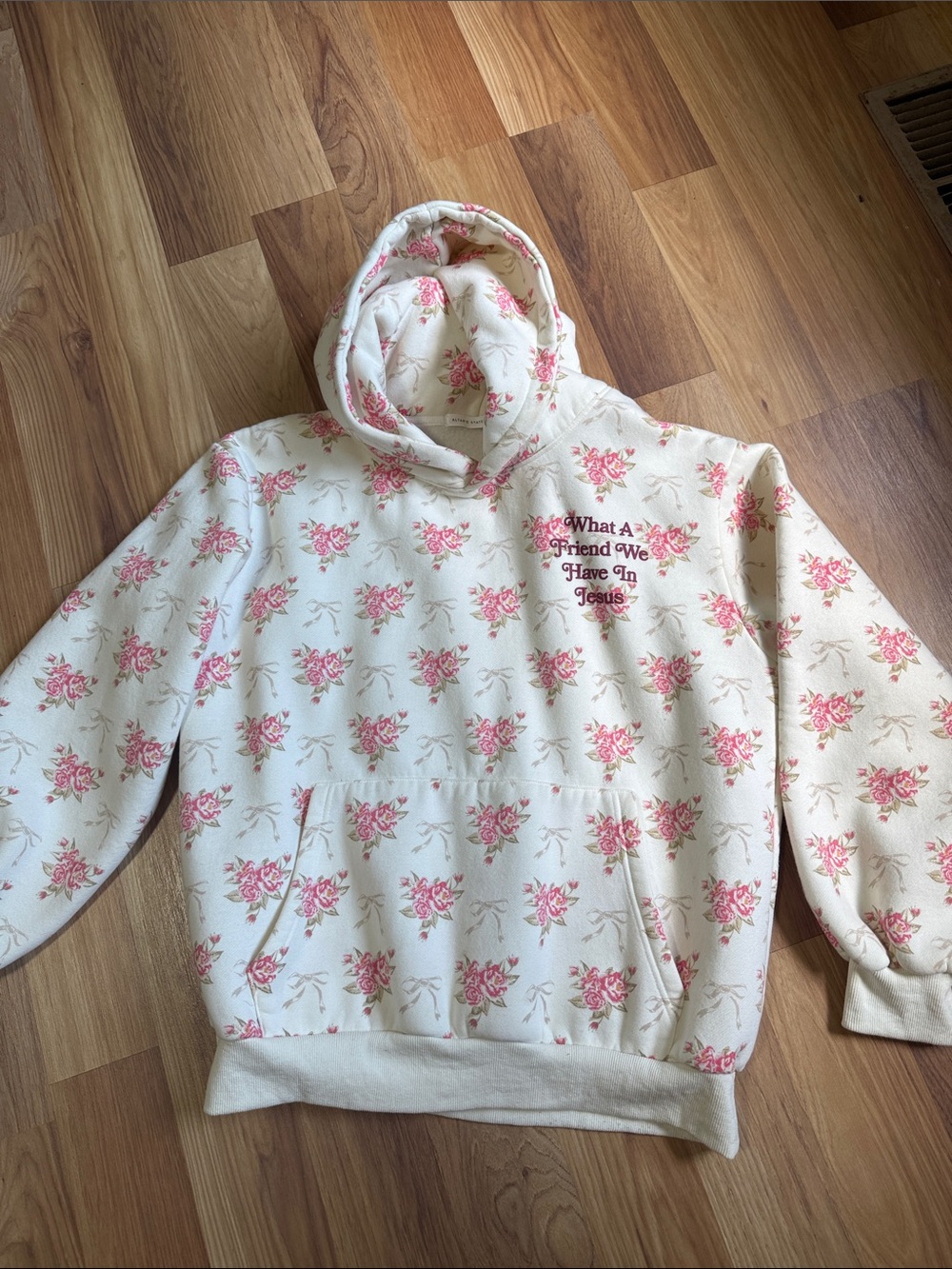 Altar'd State Cream Hoodie with Pink Rose Motif